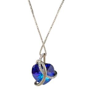 I Love You Engraved Blue Crystal Heart Pendant Necklace 20" Romantic Y2K